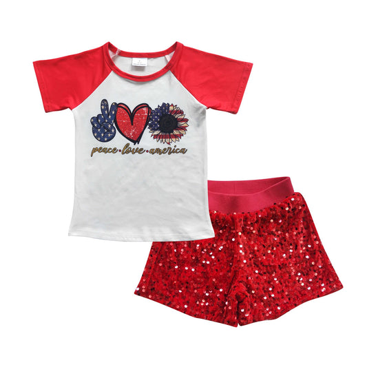 Baby Girl Kids July 4th Short Sleeves Sunflower Shirt Red Glitter Sequins With Lining Shorts Outfit