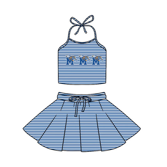 ( Moq 5 ) Baby Girls Kids Halter Tiger Shirt Blue Stripes Shorts Skirt Team Clothes Set