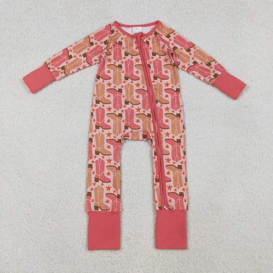Girls Infant Long Sleeves Boots Stars Western Zipper Sleeper Romper RTS RTS
