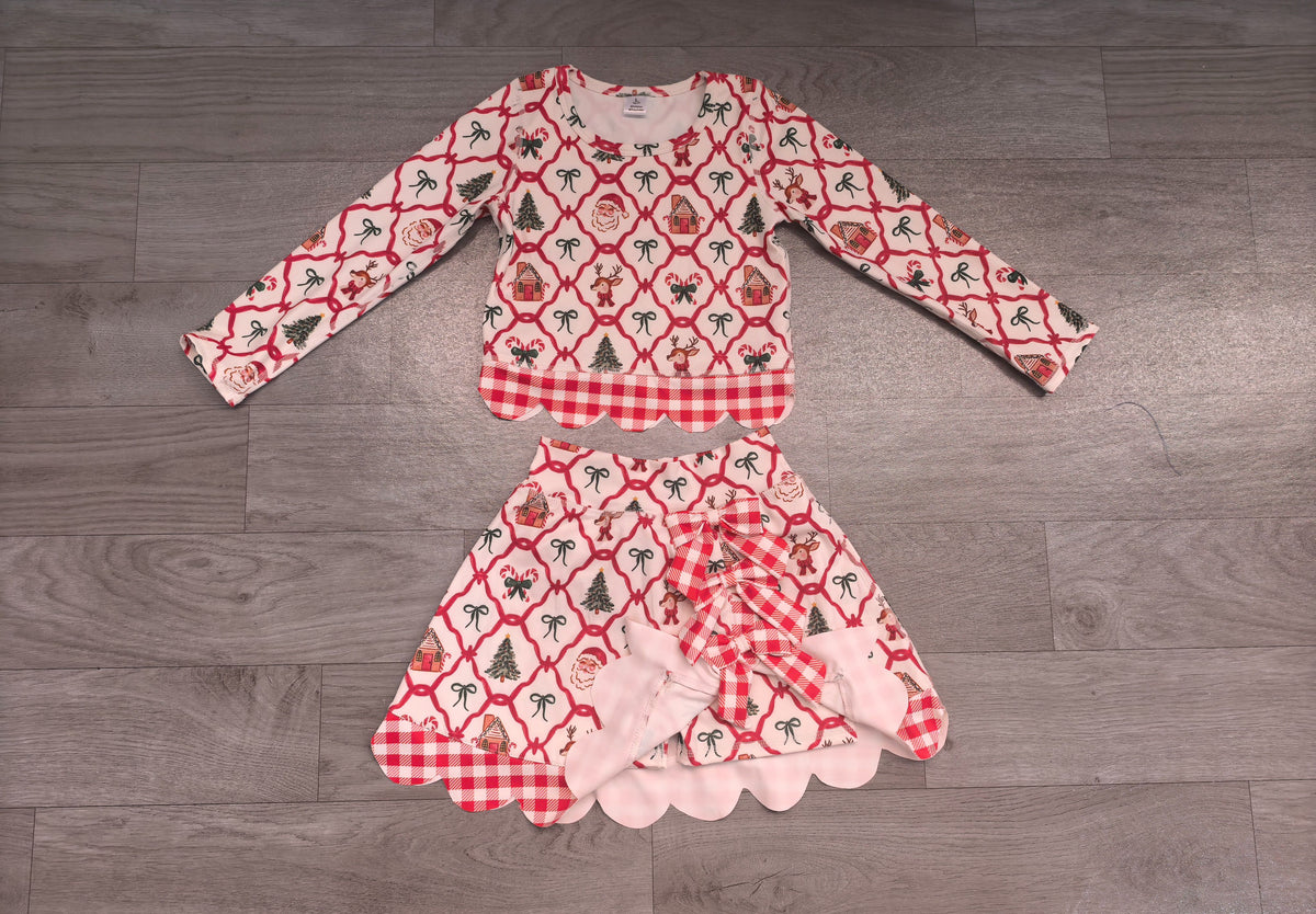 ( No moq ) Preorder Baby Girls Kids Christmas Santa Shirt Bows Scallop Skirt Shorts Yoga Active Set Clothes