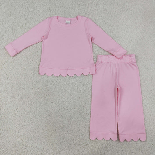 Baby Girls Kids Long Sleeves Pink Shirt Pants Set Pajamas Scallop Clothes RTS