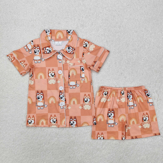 Baby GIrl Short Sleeves Dogs Checkered Rainbow Buttons Shirt Shorts Pajamas Orange Set