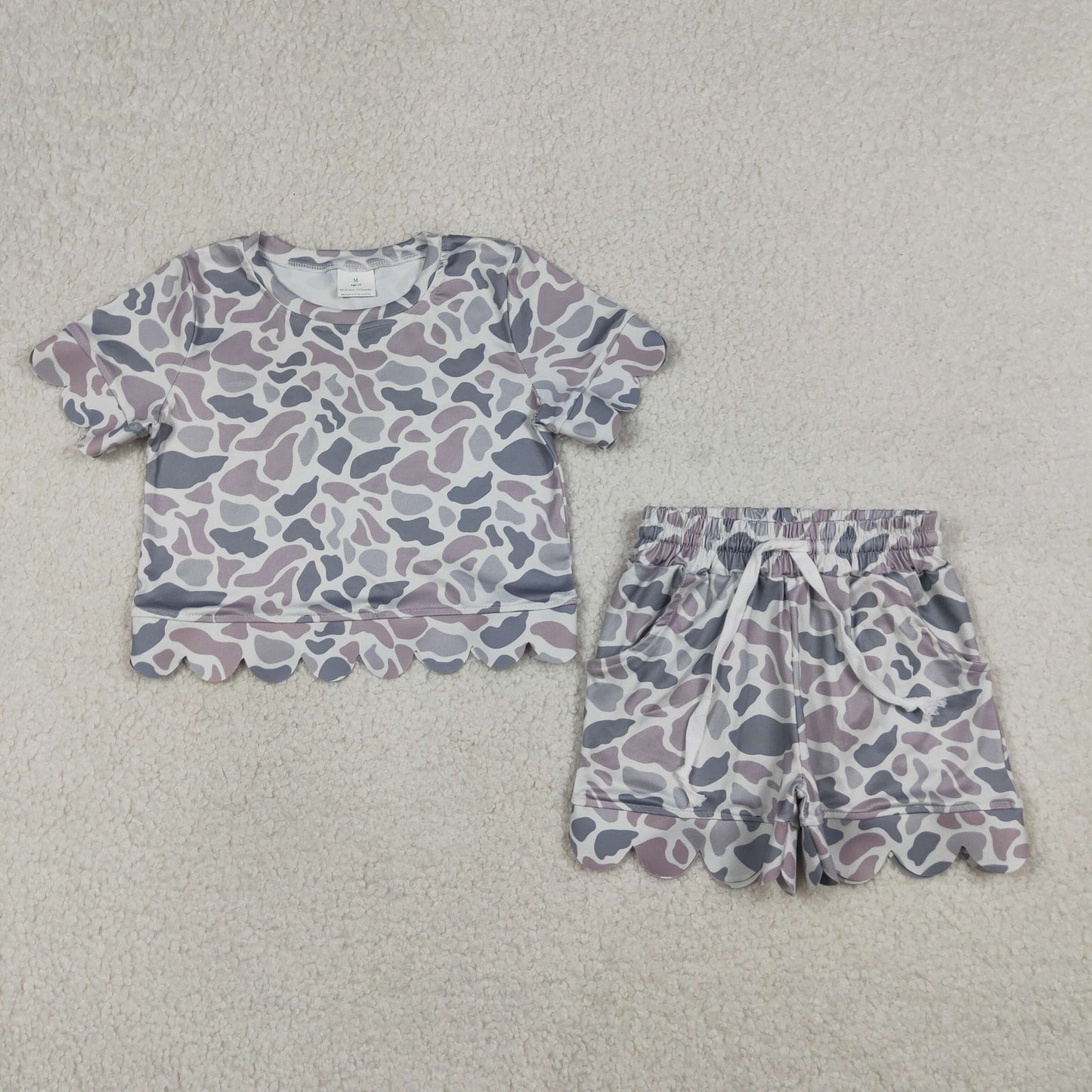 Baby Girls Short Sleeves Grey Camo Shirt Scallop Shorts Summer Clothes Set RTS