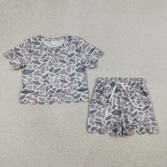 Baby Girls Short Sleeves Grey Camo Shirt Scallop Shorts Summer Clothes Set RTS