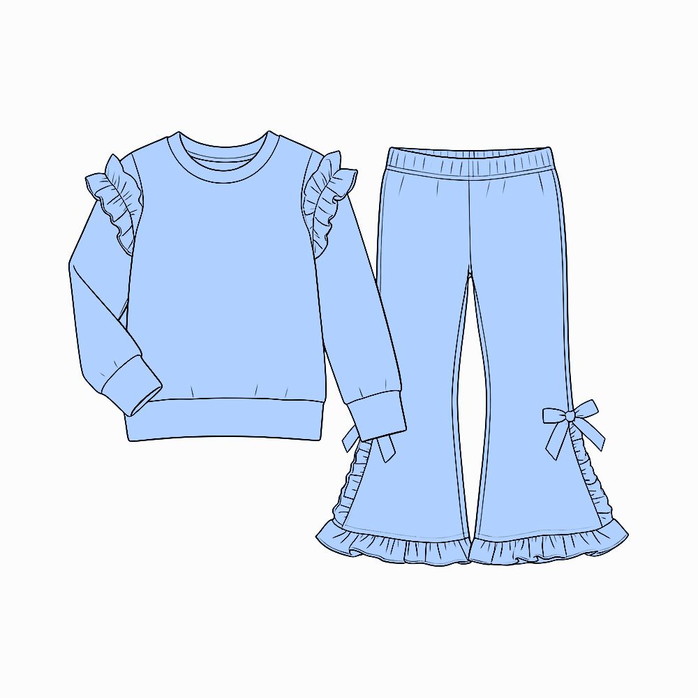 ( Moq 5 ) Preorder Baby Girls Kids Long Sleeves Ruffle Shirt Bows Pants Blue Set Cotton Clothes