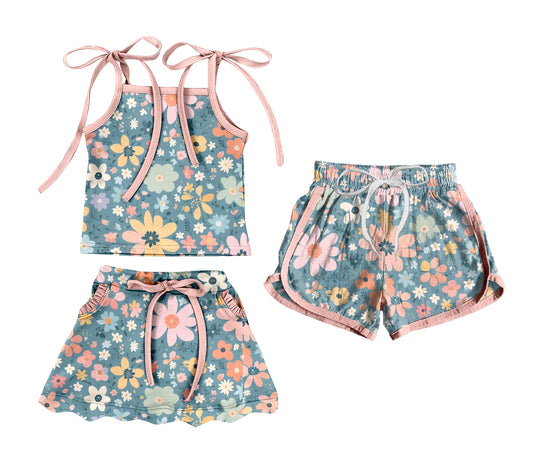 ( Moq 5 Each Style ) Sibling Baby Girls Kids Straps Tops Skort Set Shorts Summer Flower Clothes