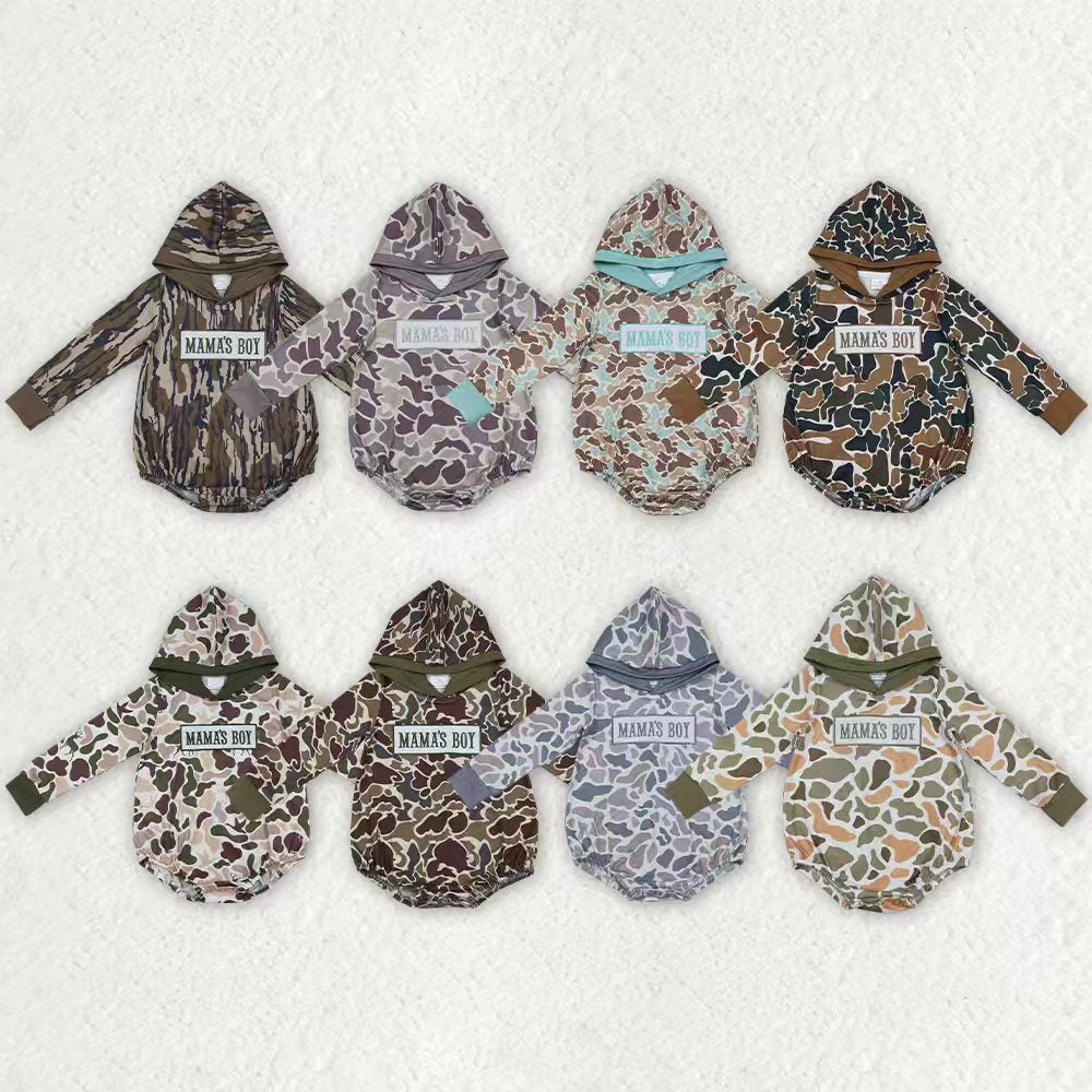 Sibling Baby Kids Long Sleeves Embroidery Mama's Boy Hoodie Camo Bubble Rompers RTS