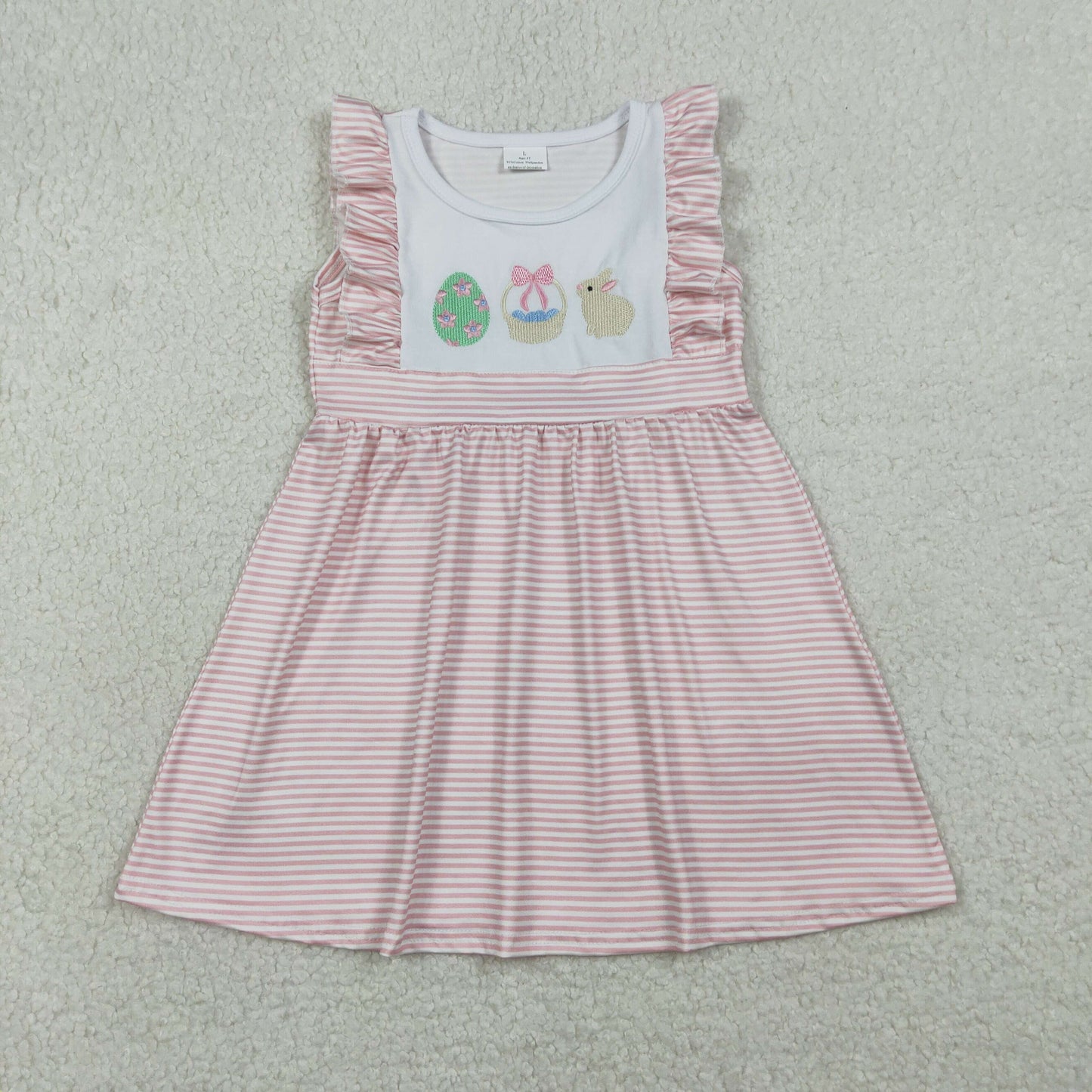 Baby Girls Short Sleeves Embroidery Rabbits Eggs Easter Pink Stripes Knee Length Dress RTS