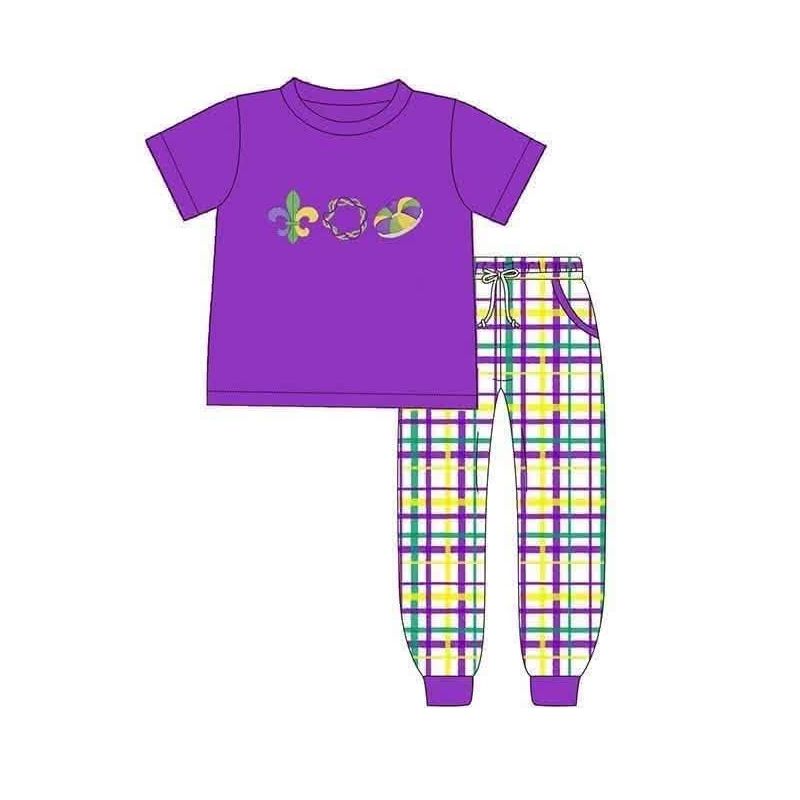 ( Moq 5 ) Preorder Baby Boys Kids Short Sleeves Purple Shirt Plaid Pockets Pants Mardi Gras Set Clothes