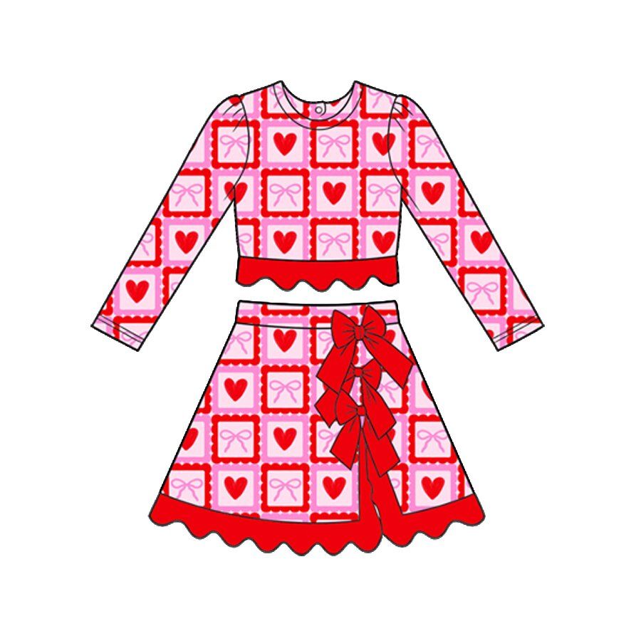 ( Moq 5 ) Preorder Baby Girls Kids Hearts Bows Shirt Skirt Shorts Valentine Set Yoga Active Clothes