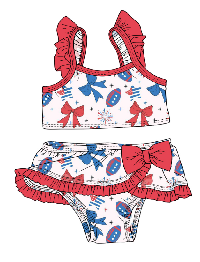( Moq 5 Each Style ) Sibling Baby Girls Kids Football Bows Tops Ruffle Shorts Sets 4th of July Swimsuits