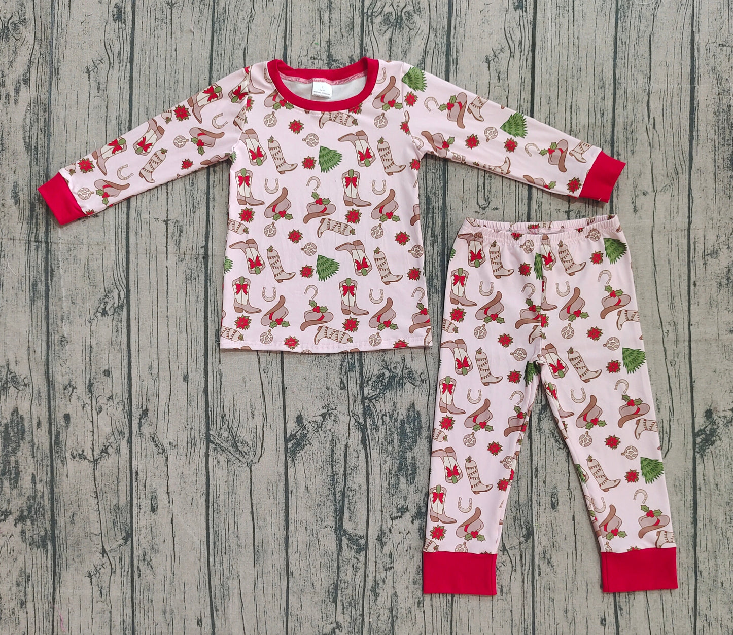 ( No moq ) Preorder Baby Girl Long Sleeves Bows Boots Shirt Pants Western Christmas Pajamas Set