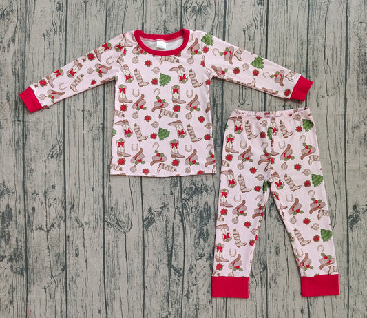 ( No moq ) Preorder Baby Girl Long Sleeves Bows Boots Shirt Pants Western Christmas Pajamas Set