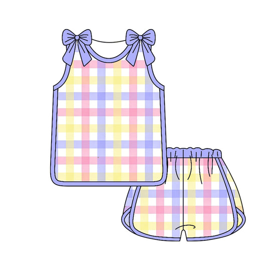 ( Moq 5 ) Preorder Baby Girl Kids Purple Bows Sleeveless Plaid Tops Shorts Set Summer Clothes