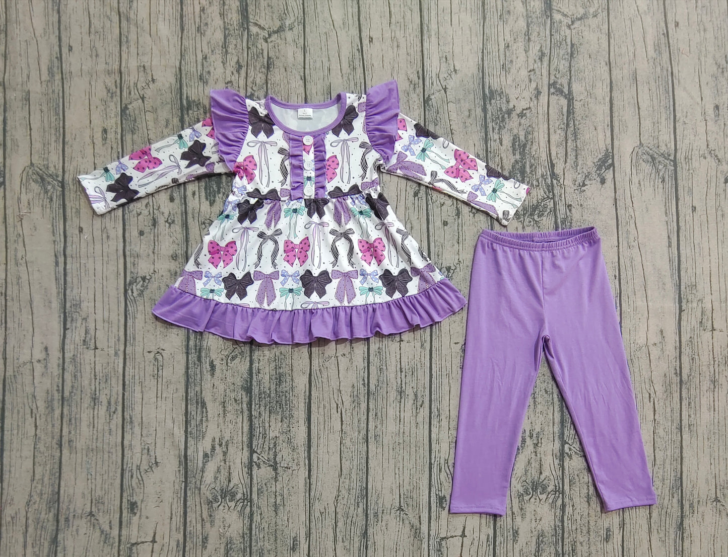 Baby Girl Long Sleeves Bows Tunic Purple Pants Halloween Clothes Set RTS