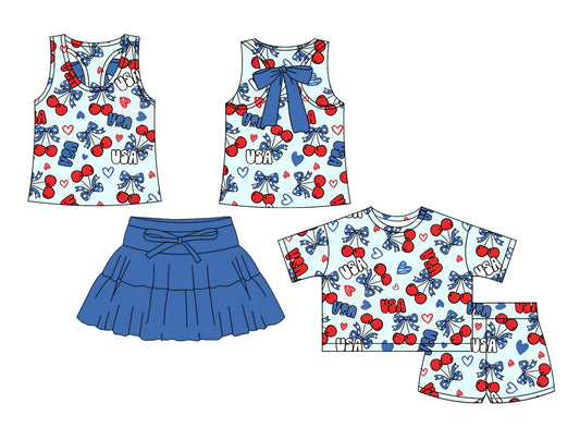 ( Moq 5 Each Style ) Baby Girls Toddler Hearts Bows Cherry Sibling 4th of July Sets