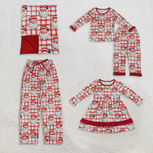Sibling Baby Girls Kids Santa Plaid Christmas Dress Set Pajamas  Blanket Clothes RTS