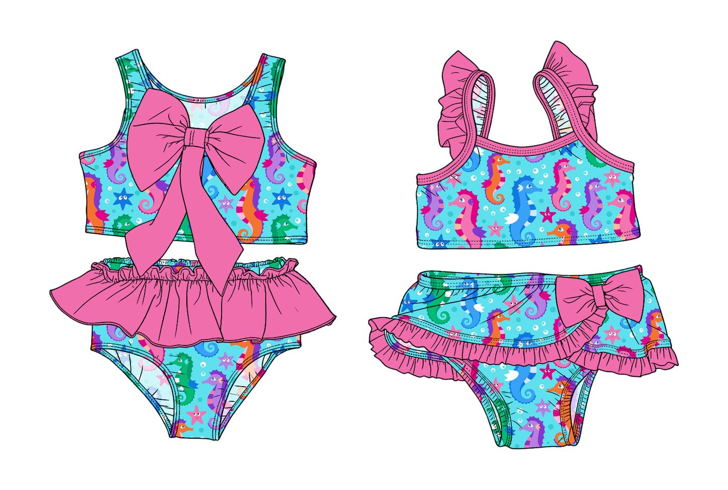 ( Moq 5 Each Style ) Sibling Baby Girls Kids Sea Horse Tops Ruffle Shorts Bows Sets Summer Swimsuits