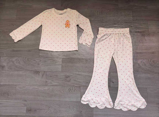 ( No moq ) Preorder Baby Girls Kids Embroidery Gingerbread Shirt Scallop Pants Set Christmas Clothes