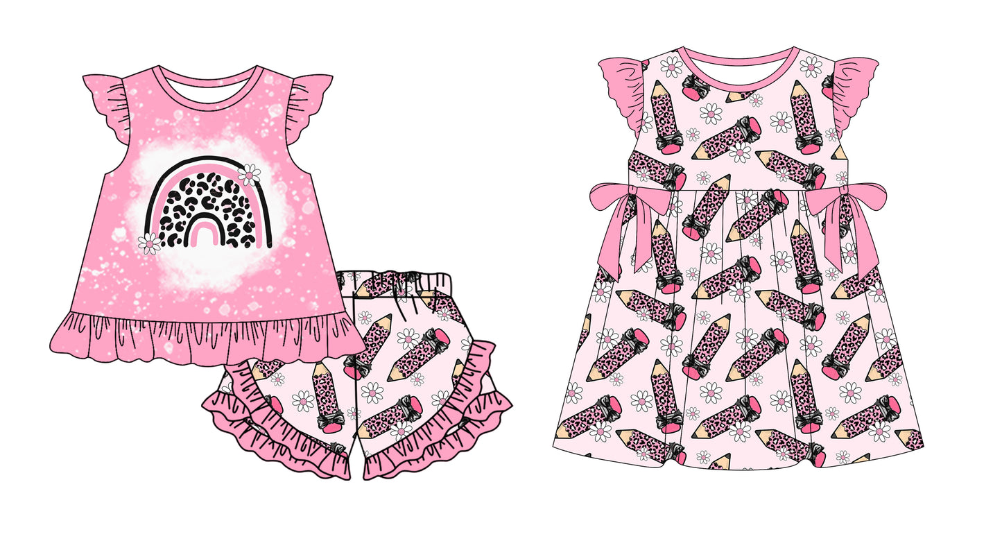 ( Moq 5 Each Style ) Baby Girls Kids Leopard Pencil Bows Sibling Back to School Dress Set
