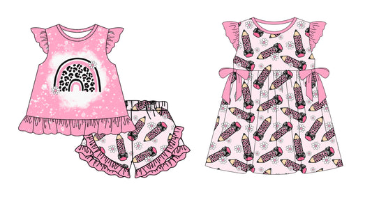 ( Moq 5 Each Style ) Baby Girls Kids Leopard Pencil Bows Sibling Back to School Dress Set