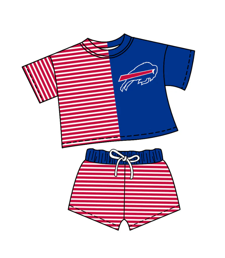 ( Moq 5 ) Baby Girls Short Sleeves Red Stripes Bull Shirt Shorts Team Clothes Set