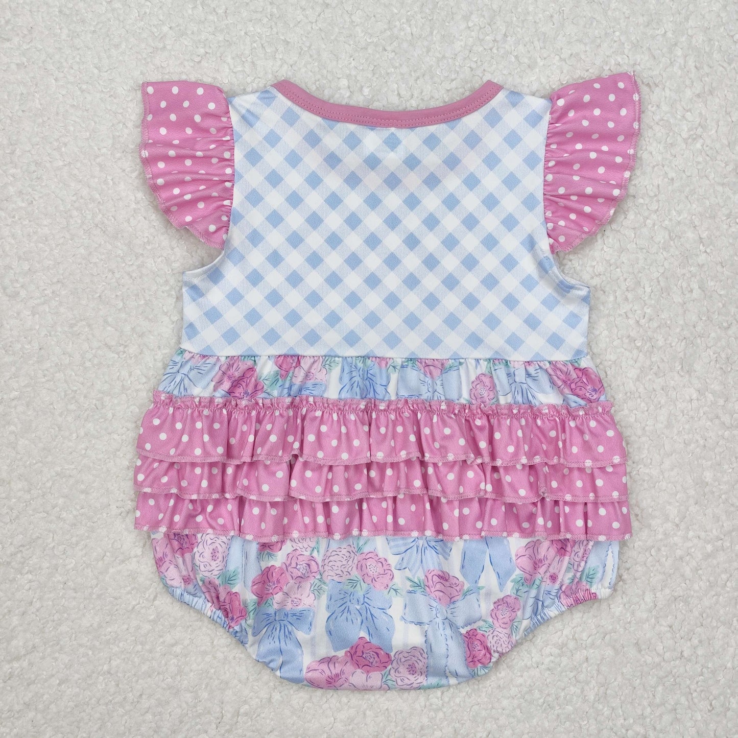 Baby Girl Infant Short Sleeves Plaid Flower Bows Bubble Romper