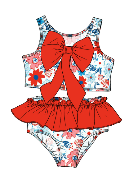 ( Moq 5 Each Style ) Sibling Baby Girls Kids Flower Tops Ruffle Shorts Sets 4th of July Swimsuits