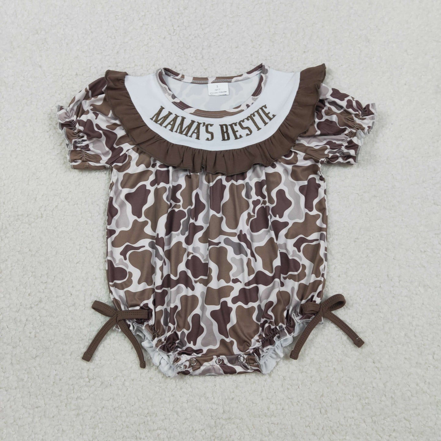Baby Girls Kids Embroidery Smocked Mama's Bestie Brown Camo Bows Bubble Romper RTS