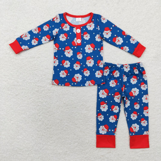 Baby Boy Christmas Santa Ruffles Shirt Pants Pajamas Blue Set