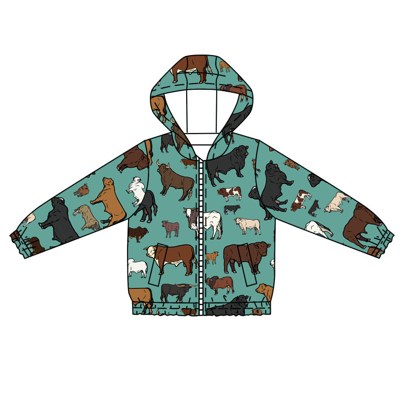 Baby Boy Kids Long Sleeves Western Cow Green Hoodie Zipper Shirt Coat Moq 5