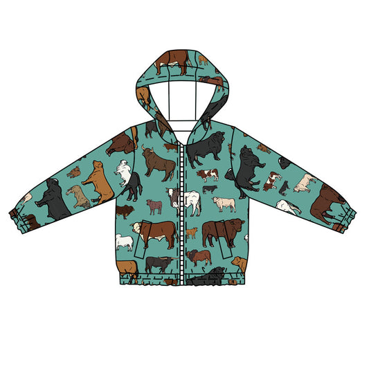 Baby Boy Kids Long Sleeves Western Cow Green Hoodie Zipper Shirt Coat Moq 5