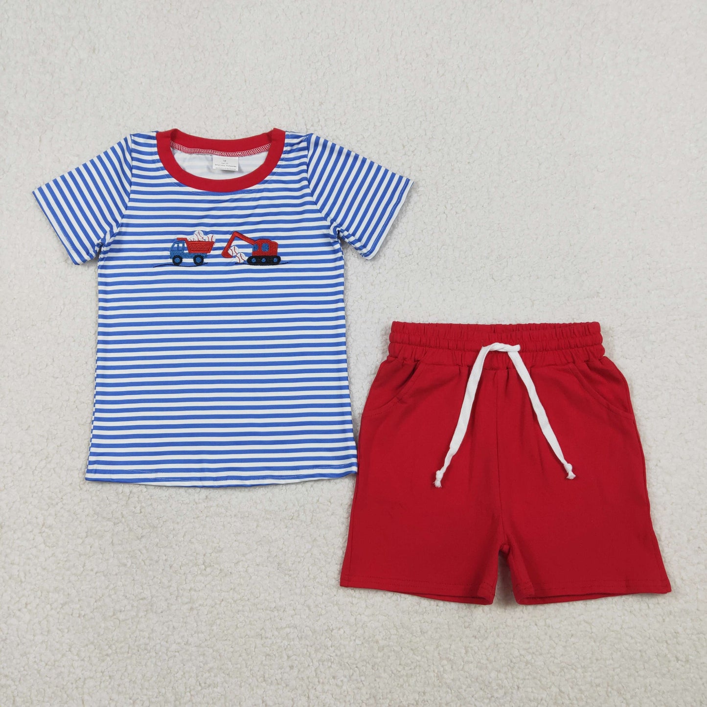 Baby Boys Short Sleeves Embroidery Baseball Trucks Shirt Red Pockets Shorts Set RTS