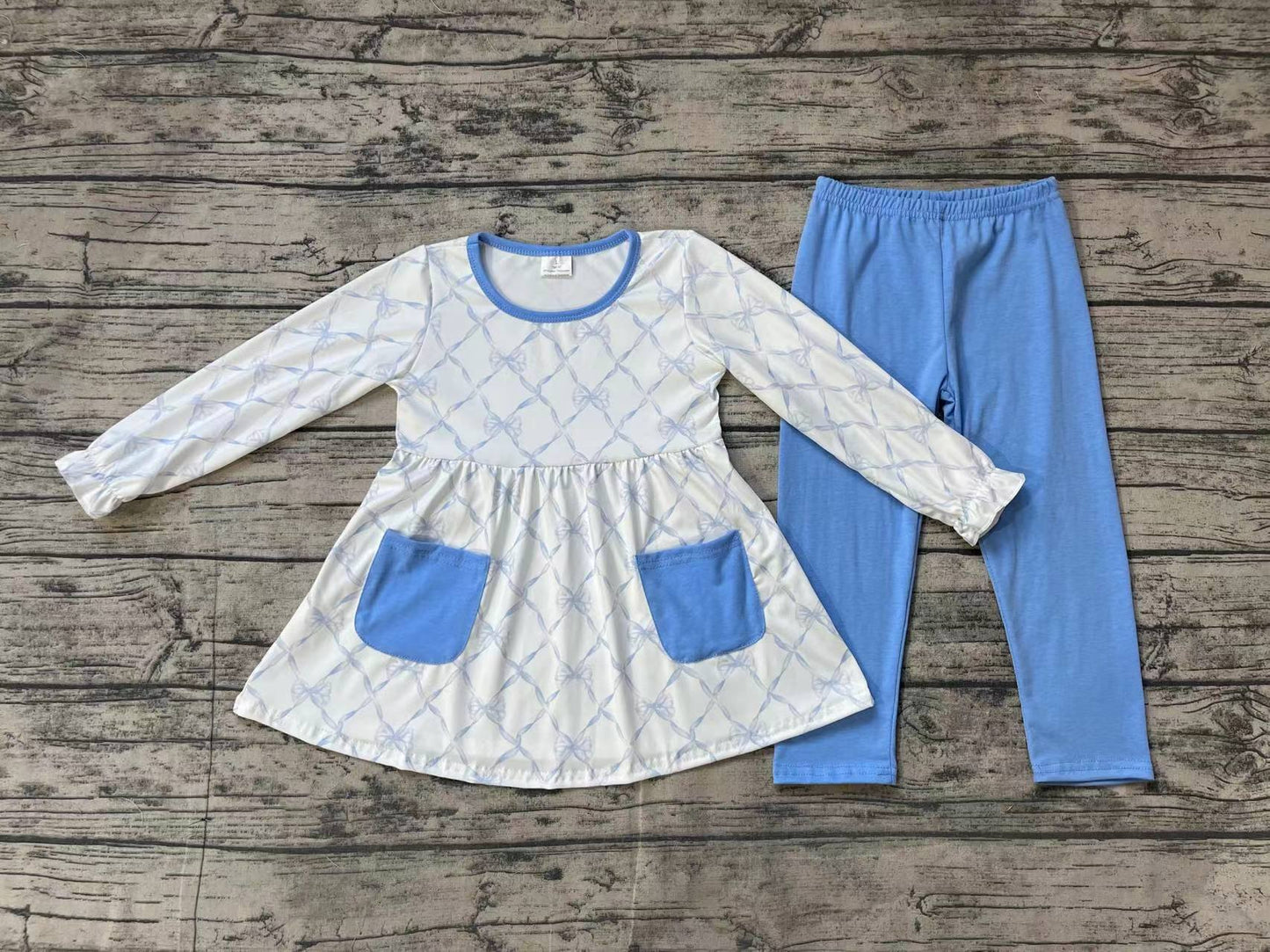 Baby Girl Kids Toddler Long Sleeves Bows Pocket Tunic Blue Pants Outfit