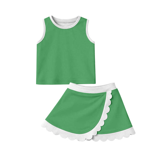 ( Moq 5 ) Preorder Baby Girls Kids Shirt Scallop Skirt Shorts Yoga Active Green Set Clothes