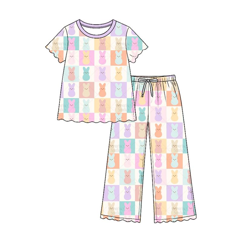 ( Moq 5 ) Preorder Baby Girls Kids Rabbits Checked Shirt Scallop Pants Easter Set Clothes