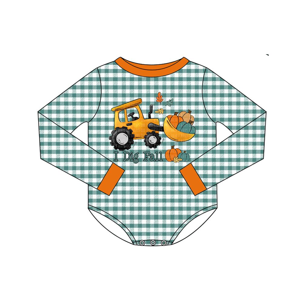 ( Moq 5 ) Preorder Baby Boys Infant Long Sleeves Pumpkins Tractor Plaid Fall Bubble Romper Clothes