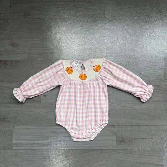 ( No moq ) Preorder Baby Girls Infant Embroidery Pumpkins Bows Plaid Bubble Romper Smocked Clothes