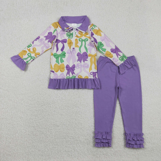 Baby Girls Kids Bows Zipper Pullover Shirt Purple Pants Mardi Gras Clothes Set RTS