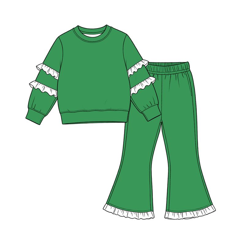( Moq 5 ) Preorder Baby Girls Kids Long Sleeves Tops Bell Pants Green Set Cotton Clothes