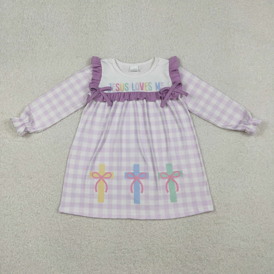Girls Kids Long Sleeves Jesus Loves Me Purple Plaid Cross Easter Dress RTS