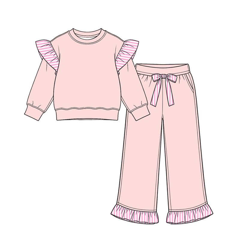 ( Moq 5 ) Preorder Baby Girls Kids Long Sleeves Tops Pockets Pants Cotton Set Pink Clothes