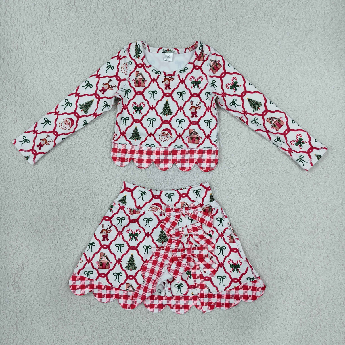 Baby Girls Kids Christmas Santa Shirt Bows Scallop Skirt Shorts Yoga Active Set Clothes RTS