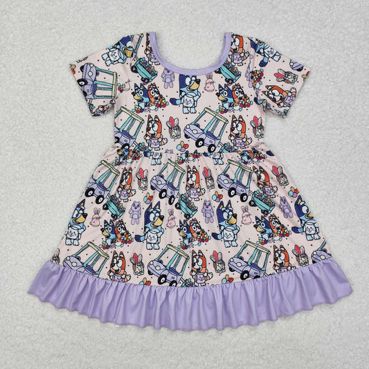 Baby Girl Short Sleeves Purple Dog Easter Rabbit Knee Length Dress