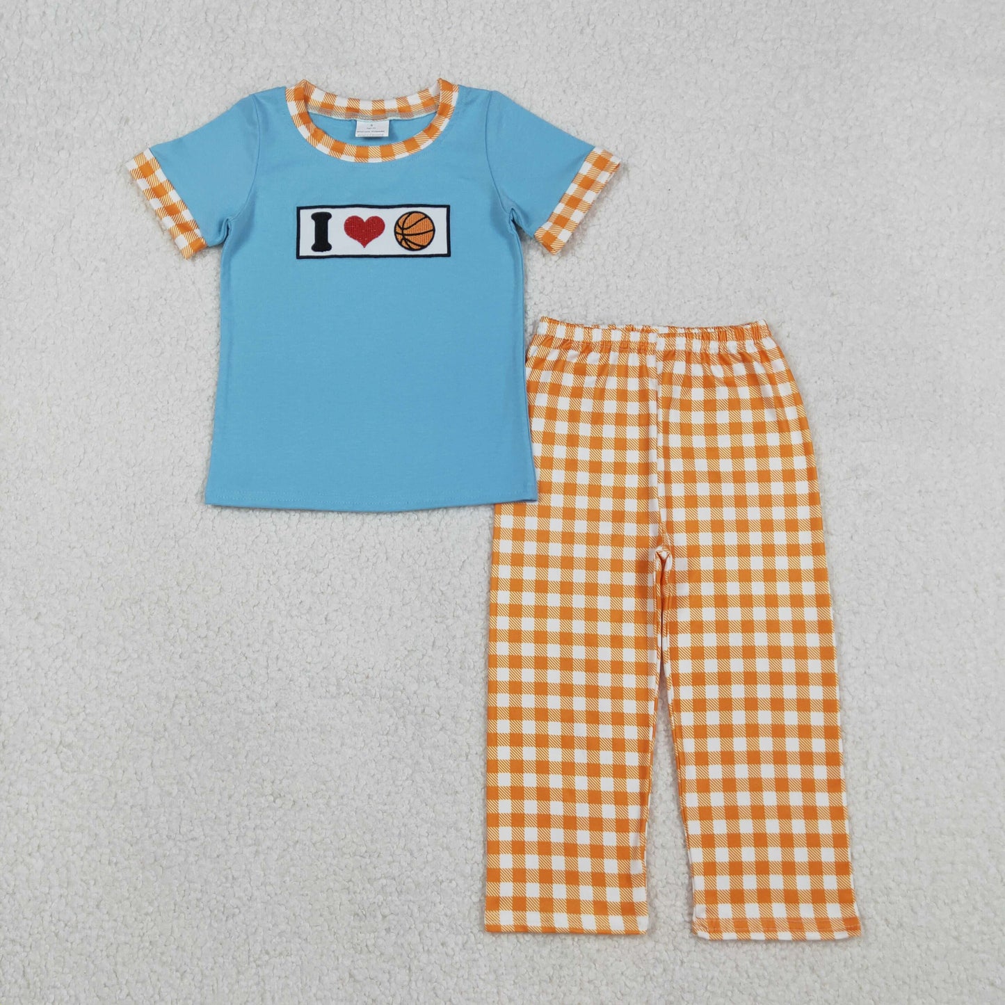 Baby Boys Embroidery I Love Basketball Blue Shirt Plaid Pants Clothes Set RTS