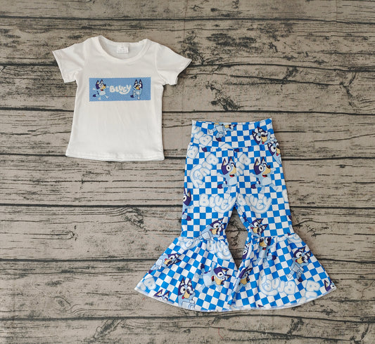 No moq Pre-order GSPO1174 Baby Girl Short Sleeves Shirts Dogs Checkered Bell Pants Blue Set