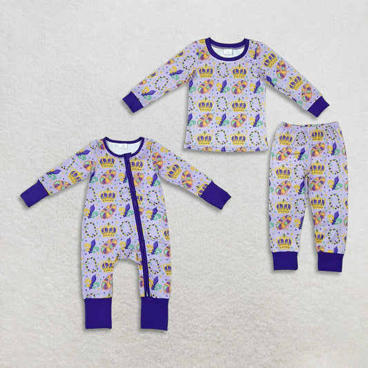 Sibling Baby Kids Toddler Long Sleeves Flower Donuts Mardi Gras Romper Set Pajamas Clothes RTS