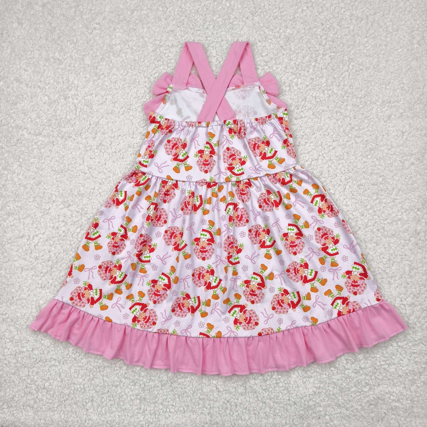 Baby Girl Pink Strap Bows Strawberry Floral Knee Length Dress RTS