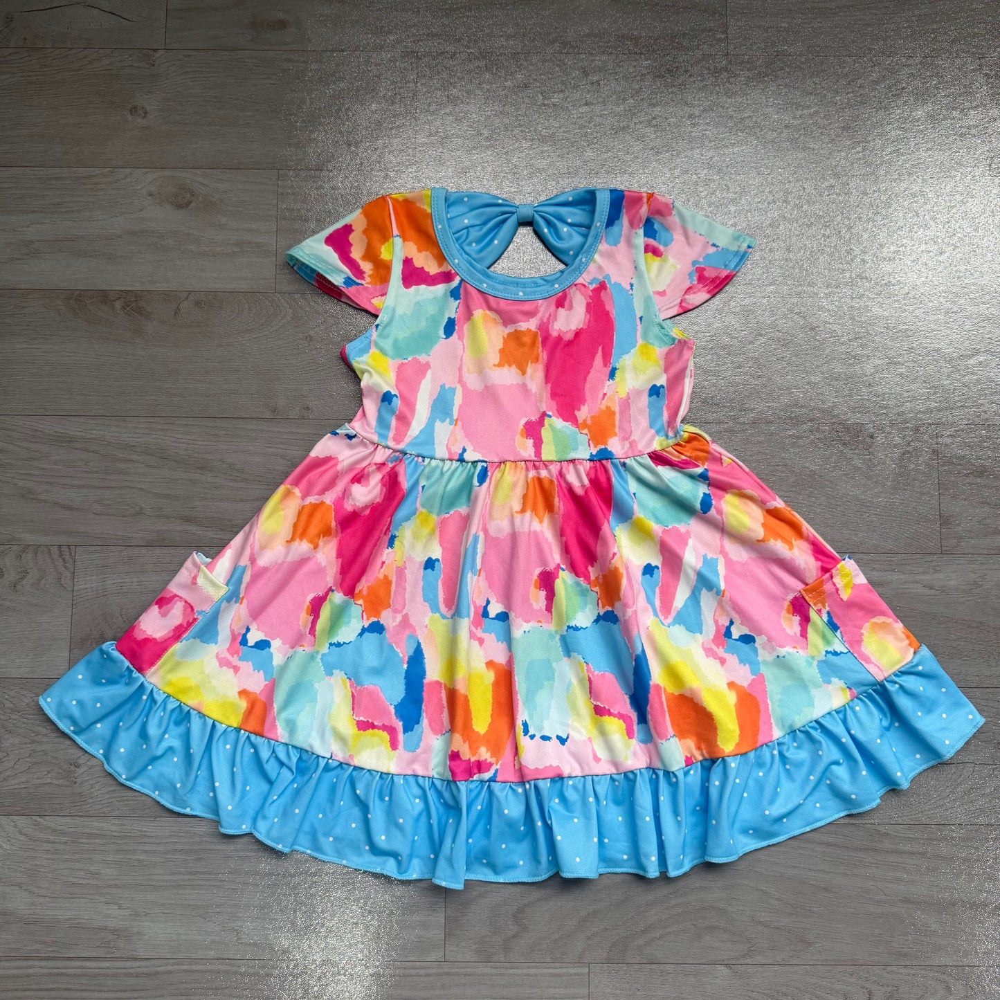 ( No moq ) Preorder Baby Girl Short Sleeves Tie Dye Pockets Ruffle Knee Length Dress
