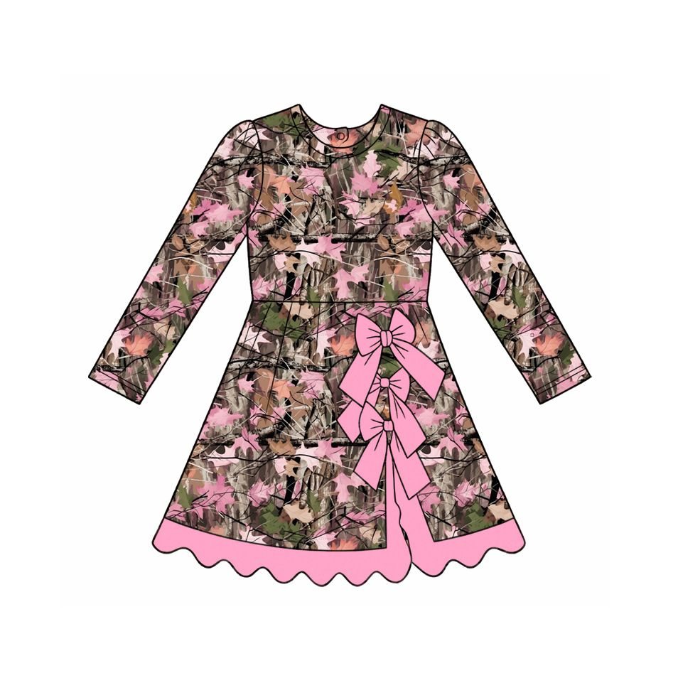 ( Moq 5 ) Preorder Baby Girls Kids Long Sleeves Leaves Bows Scallop Dress Yoga Active Camo Clothes